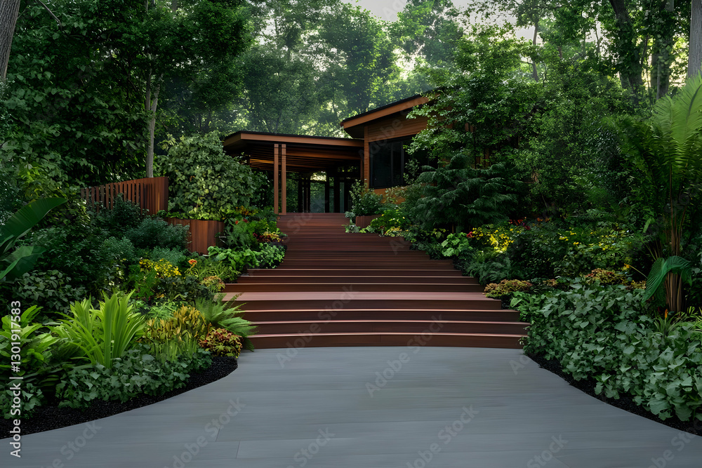 3D Illustration- Lush Forest Home, Garden Path, Wooden Stairs, Tranquil Retreat 3D Illustration- Lush Forest Home, Garden Path, Wooden Stairs, Tranquil Retreat