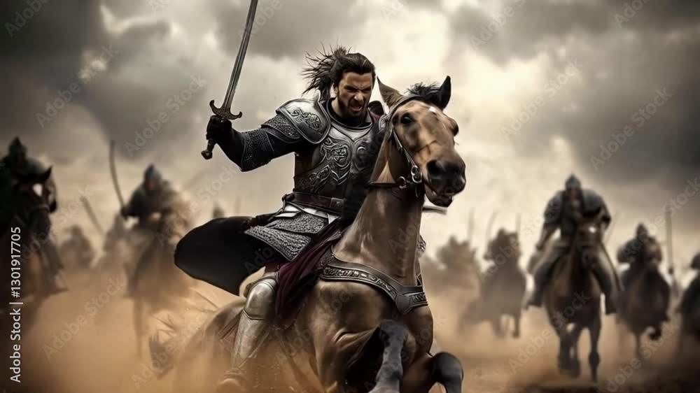 The knight bravely rode his majestic horse into battle, ready to defend his kingdom's honor.