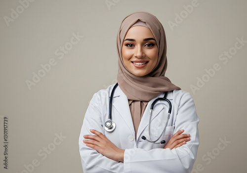 a confident and friendly female doctor wearing a hijab and a white coat, arms crossed, stethoscope around her neck.