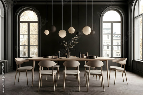 3D Illustration Dark Dining Room Interior Design Wooden Table Chairs Arch Windows