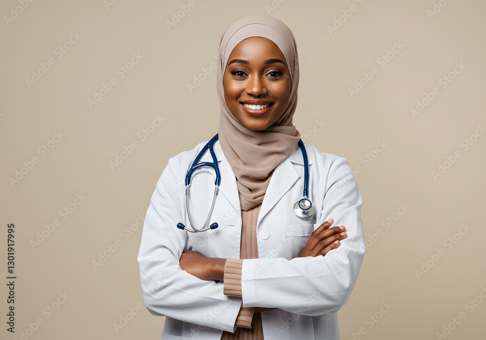 A smiling female healthcare professional, adorned in a hijab, exudes confidence and compassion, with crossed arms and a friendly demeanor. A smiling female healthcare professional, adorned in a hijab, exudes confidence and compassion, with crossed arms and a friendly demeanor.