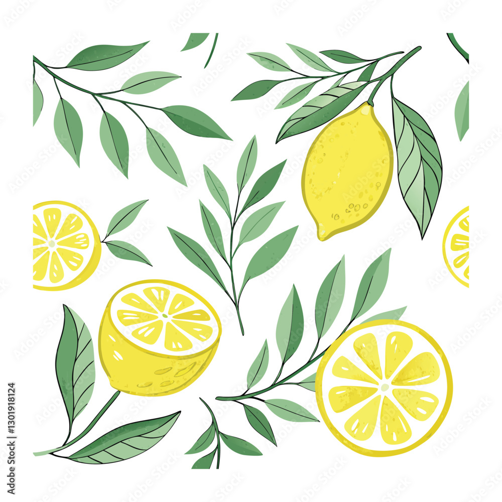 Beautiful seamless pattern with watercolor fresh lemons with leave vector art Beautiful seamless pattern with watercolor fresh lemons with leave vector art