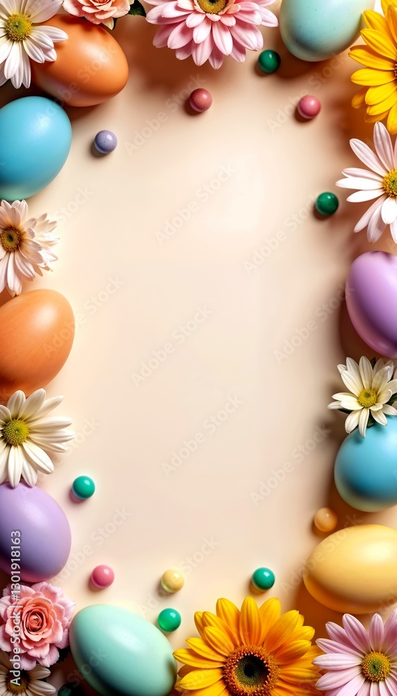 Composition of Easter eggs with bright flowers and candies in colored glaze arranged in frame, eggs in pastel colors surrounded by colorful flowers, festive and joyful Easter atmosphere. Composition of Easter eggs with bright flowers and candies in colored glaze arranged in frame, eggs in pastel colors surrounded by colorful flowers, festive and joyful Easter atmosphere.