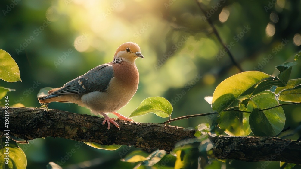 Obraz premium Colorful bird perched on tree branch in sunlight.
