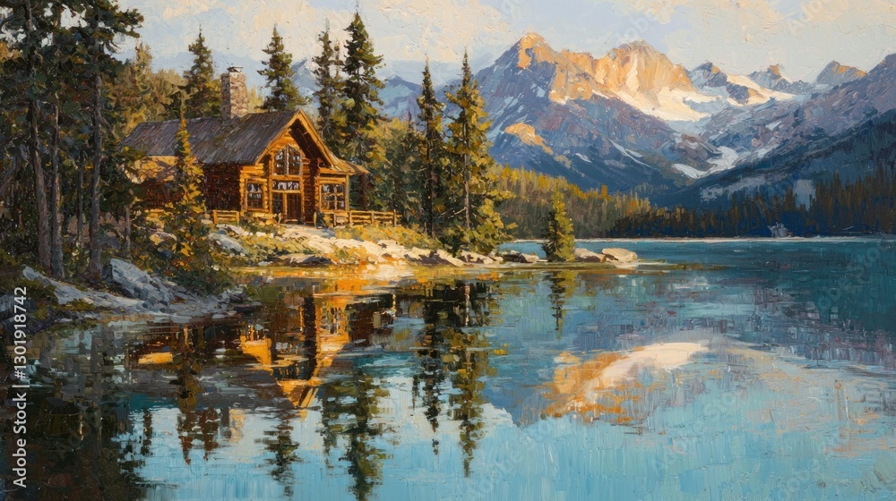 Obraz premium Mountain lake cabin reflection.