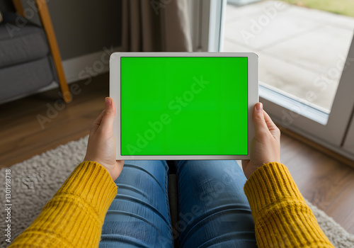 A person's hands cradle a tablet with a vibrant green screen, ideal for content integration, set against the backdrop of a cozy indoor space and natural light