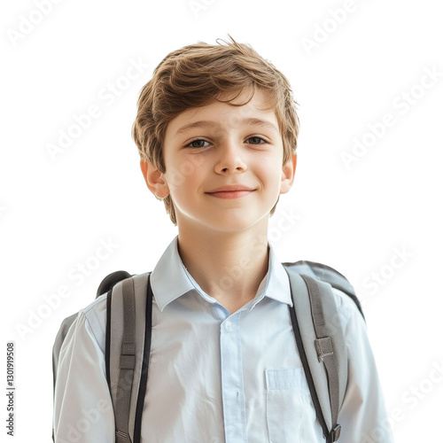 portrait of beautiful smiling caucasian schoolboy boy 12 years old in school uniform with school bag on shoulders, isolate on transparent background