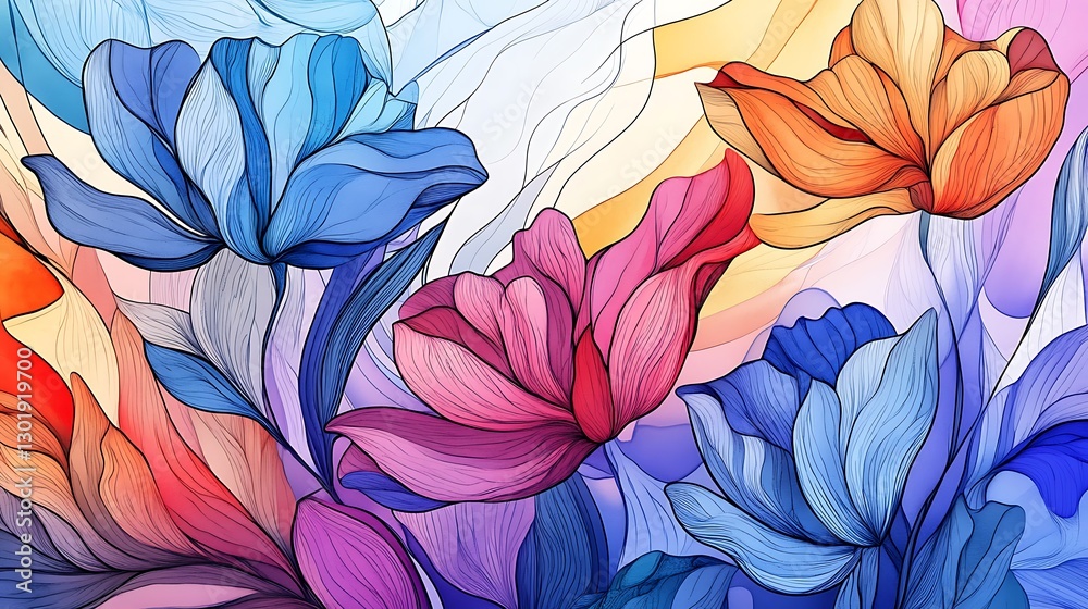 custom made wallpaper toronto digitalVibrant Floral Digital Painting: Rainbow Hues and Organic Lines AI Generated