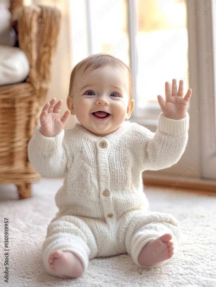 Fototapeta premium A cheerful baby in a white knitted onesie sits by a sunlit window, smiling and waving with excitement. The warm natural light