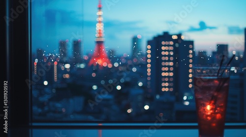 Night city view with drink.
