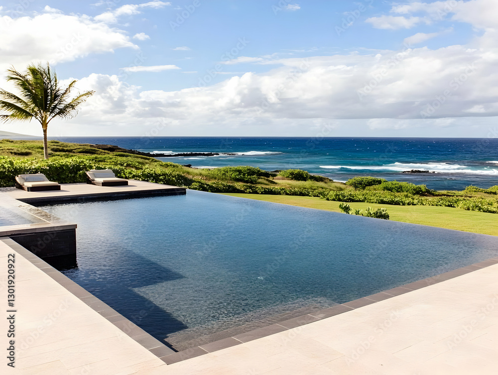 Fototapeta premium Photo Tropical Luxury Infinity Pool Ocean View Clouds Sky Palm Tree
