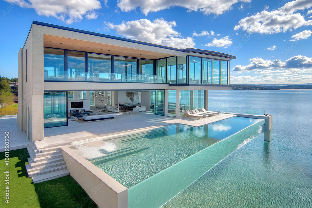 Fototapeta premium Photo Modern Luxury Lakeside Home Architecture Design Infinity Pool Ocean View