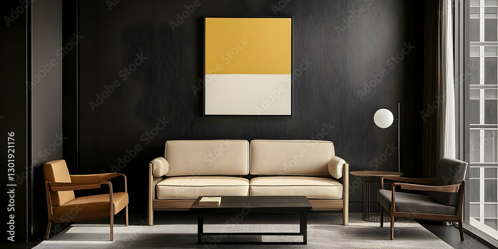 Fototapeta premium 3D Illustration Modern Living Room Interior Design, Sofa, Armchairs, Coffee Table, Artwork