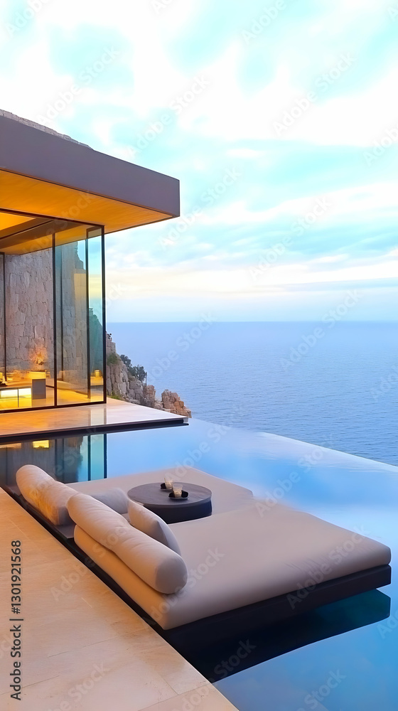 Fototapeta premium Photo: Luxury Ocean View Infinity Pool, Sunset Relaxation