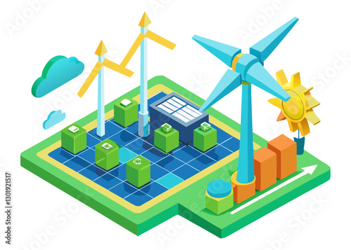 An isometric illustration of a renewable energy landscape, featuring wind turbines, solar panels, a sun symbol, and a rising bar graph, representing sustainable energy generation and growth.