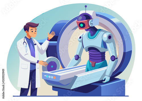A futuristic vector illustration of a doctor interacting with a humanoid robot in a medical scanner, symbolizing AI in healthcare, robotics, and medical technology.
