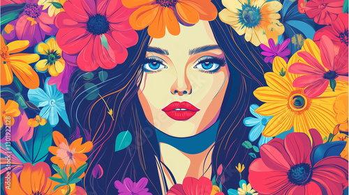 beautiful red lips girl with flowers