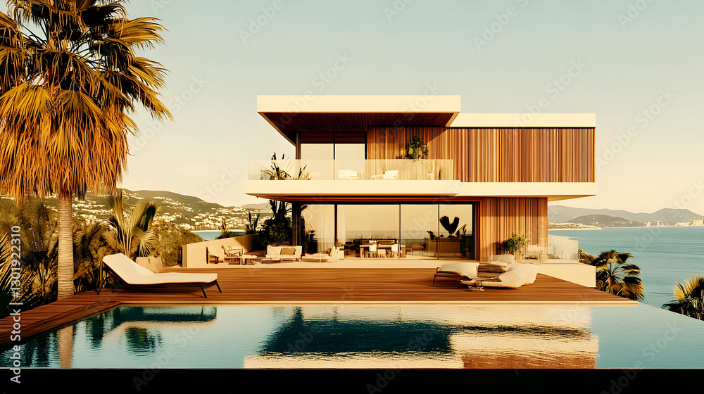 Fototapeta premium 3D Illustration Modern Luxury Home Ocean View Pool Deck Sunset Palm Trees