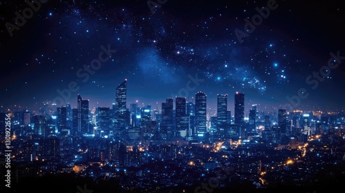 Night Sky Over City Skyline with Stars and Urban Lights