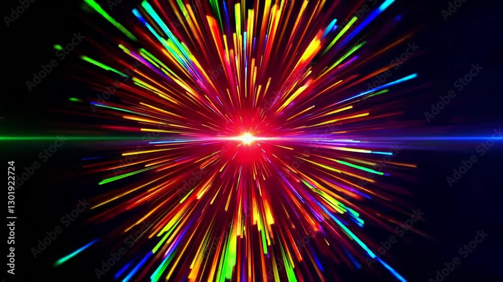 Explosive burst of multicolored light rays with radiant center. Abstract energy concept