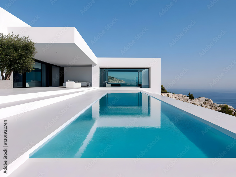 Fototapeta premium 3D Illustration White Modern Villa, Ocean View, Pool, Sky, Summer, Luxury, Architecture, Travel, Design
