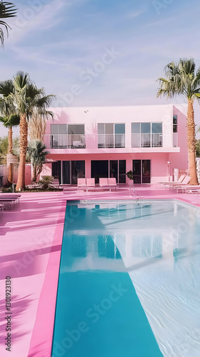 Photo Pink Hotel Pool Palm Trees Summer Vacation Travel Relaxation Resort