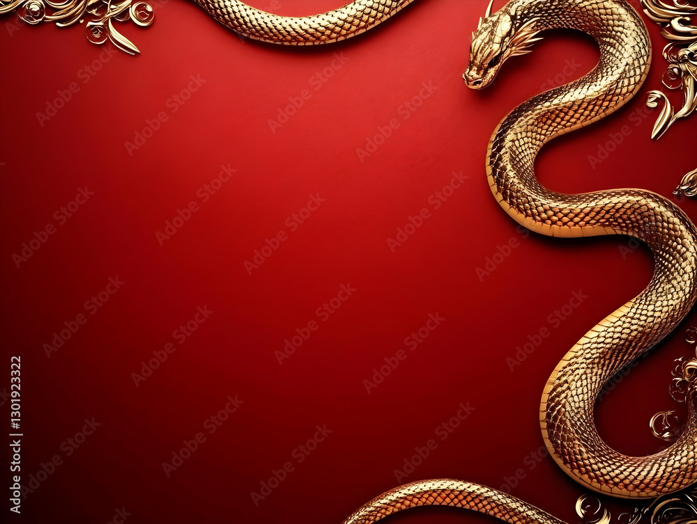 3D Illustration - Golden Dragon Snake on Red Background