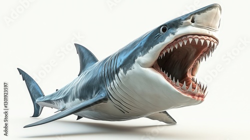 A majestic great white shark leaps from the ocean depths, jaws agape to reveal razor-sharp, curving teeth poised menacingly in the sunlight-dappled water photo