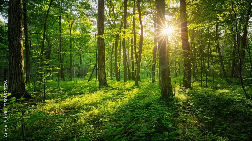 Obraz premium Lush green forest with sunlight filtering through the trees with