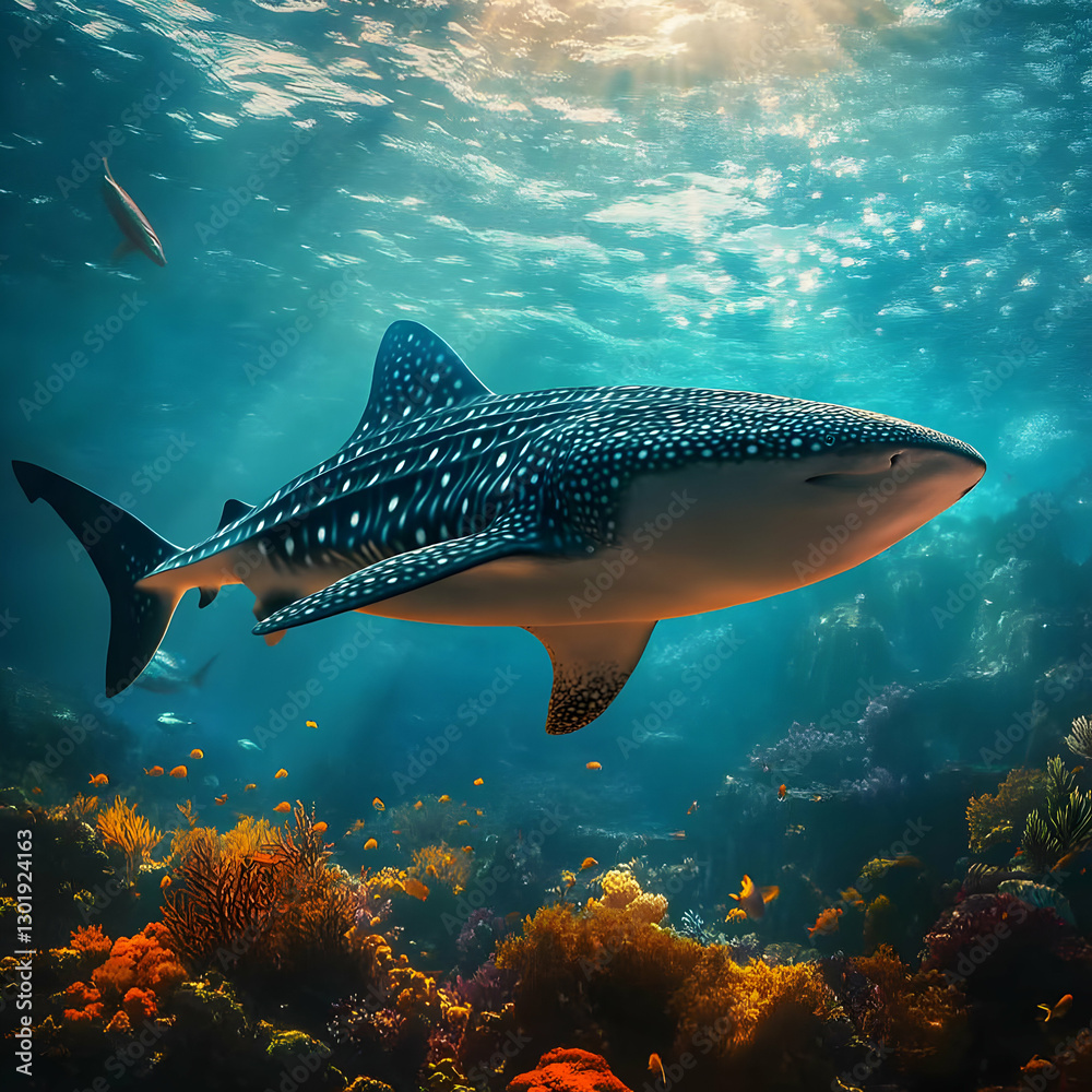 Naklejka premium Realistic Image Whale Shark Ocean Coral Reef Marine Life Underwater Scene