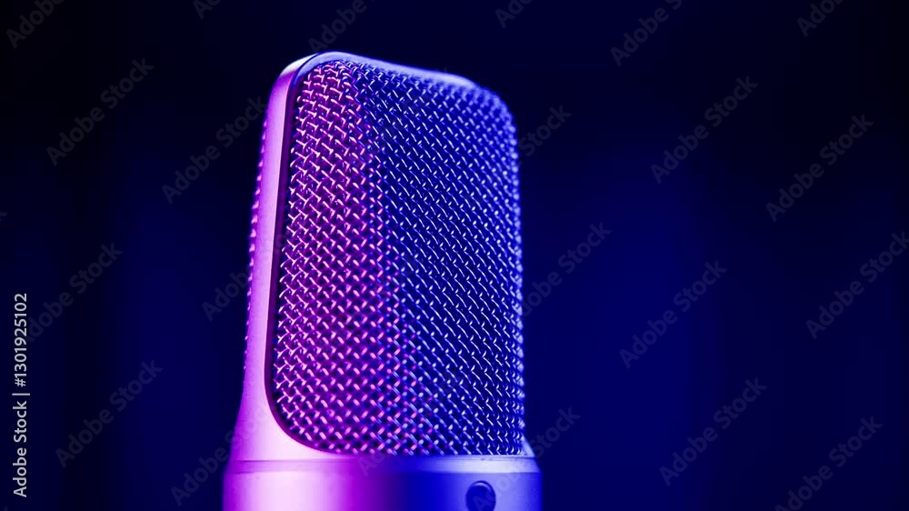 Microphone on blue background. Music studio microphone montage. Podcasts and alternative ways to listen to information and opinions.