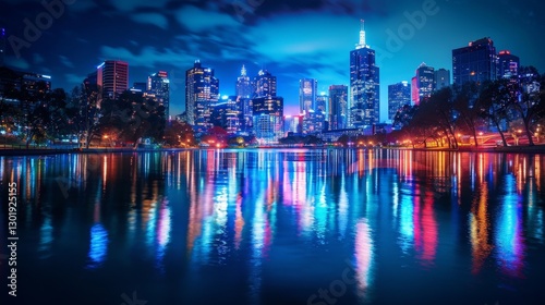 Night view of a city with a river and reflections of lights with