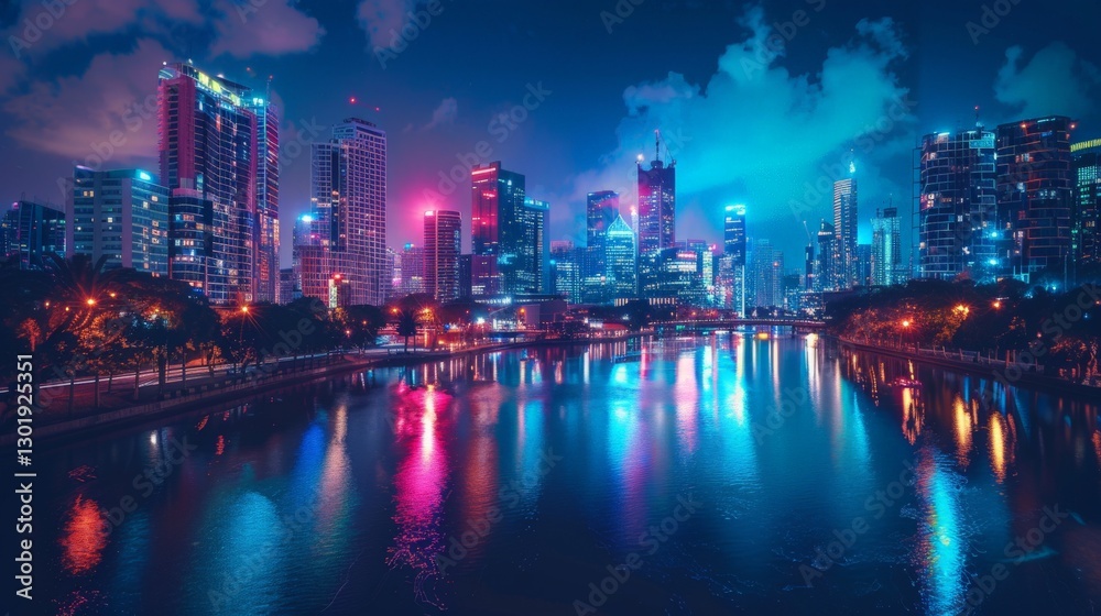 Fototapeta premium Night view of a city with a river and reflections of lights with