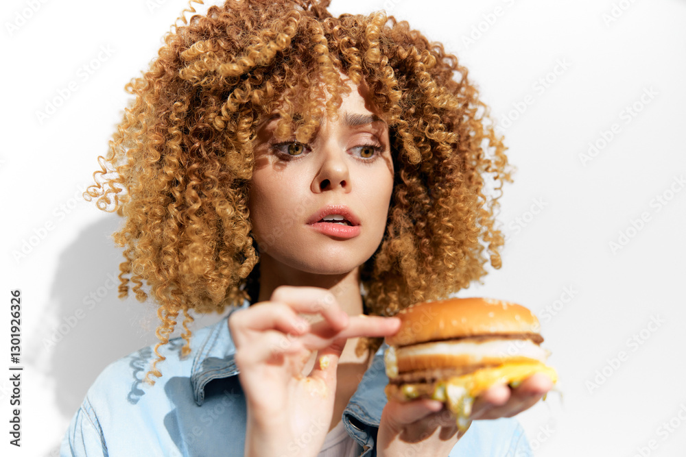 Young woman with curly hair contemplating a burger, showcasing emotions of curiosity and hesitation perfect for healthy eating themes Young woman with curly hair contemplating a burger, showcasing emotions of curiosity and hesitation perfect for healthy eating themes