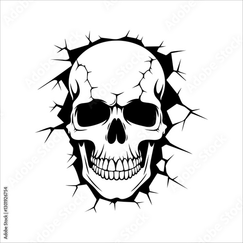 Illustration of a skull in the wall. Skeleton breaking through wall. Human skull through the hole. Halloween decor.