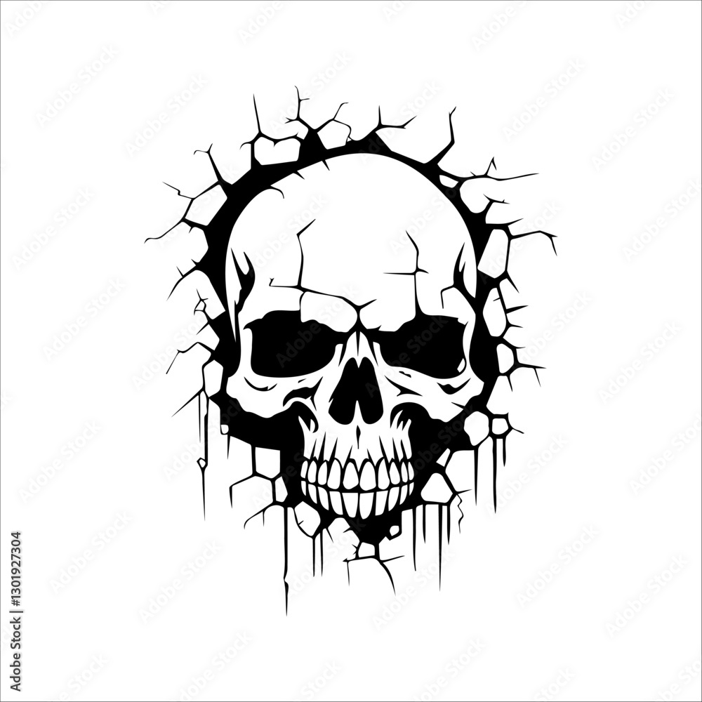Fototapeta premium Illustration of a skull in the wall. Skeleton breaking through wall. Human skull through the hole. Halloween decor.