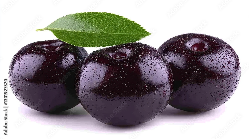 Fresh, dark purple acai berries with leaf, studio shot Fresh, dark purple acai berries with leaf, studio shot