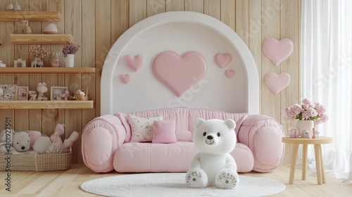 A cozy close-up of a plush, white teddy bear nestled on a soft, white rug against a charming wooden backdrop, bathed in gentle light photo