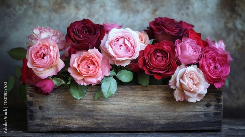 A Wooden Box Filled With Beautiful Pink And Red Roses
