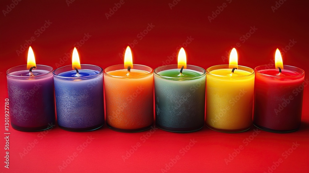 Row of colorful burning candles on a red background Row of colorful burning candles on a red background