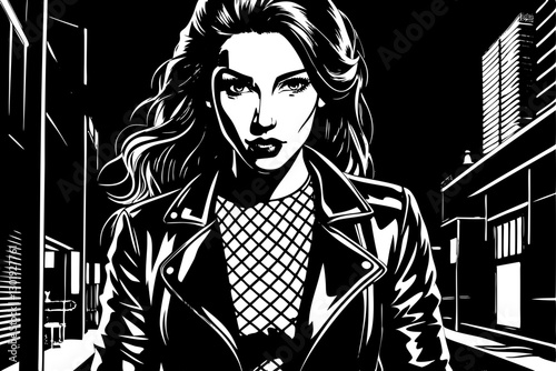 A bold black-and-white illustration of a fierce woman in a leather jacket and fishnet top, walking through a dark urban alleyway.