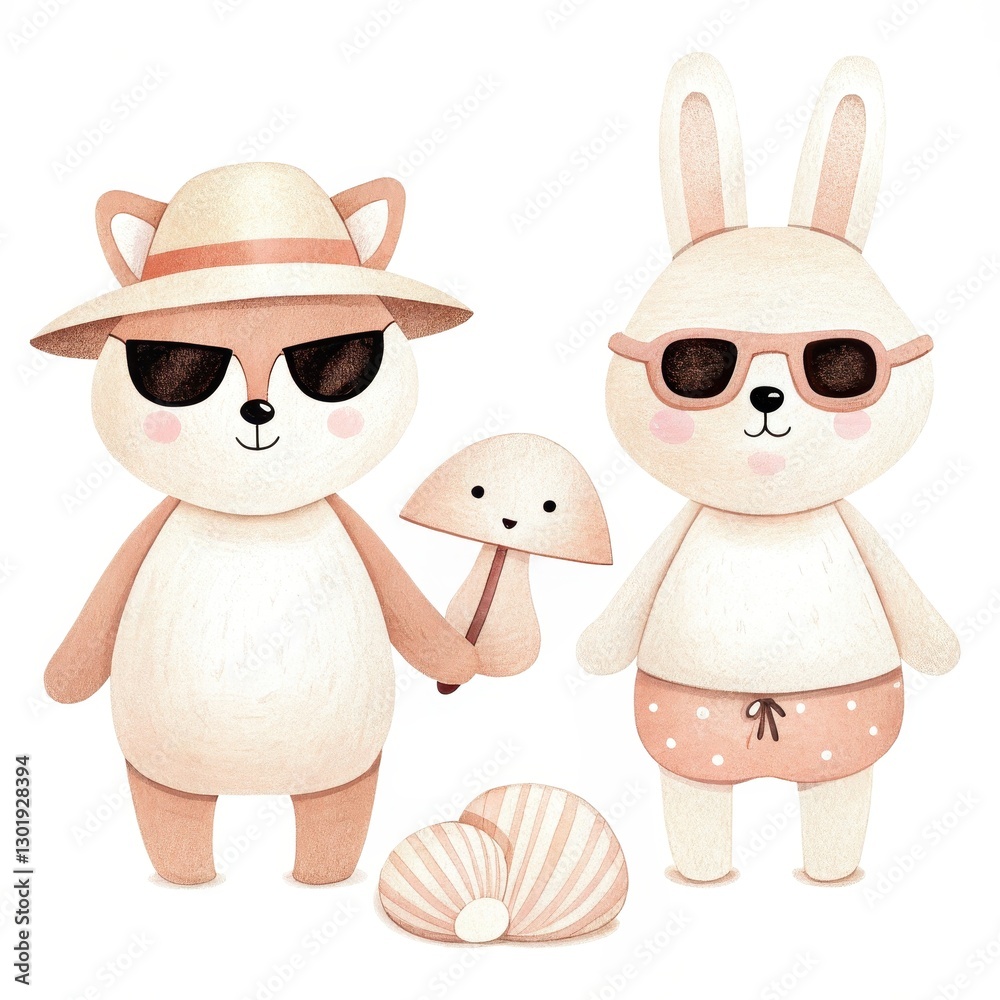 Obraz premium tropical summer animal clipart concept Cute cartoon animals enjoying a sunny day at the beach in summer attire.