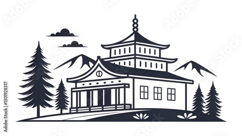 A black and white vector illustration of a traditional Japanese pagoda building, set in a landscape with mountains, trees, and clouds.