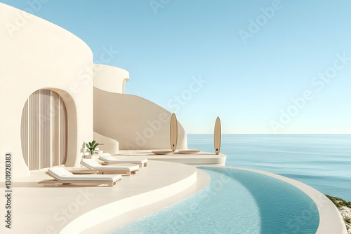 3D Illustration Minimalist Oceanfront Villa Pool Lounge Chairs Surfboards
