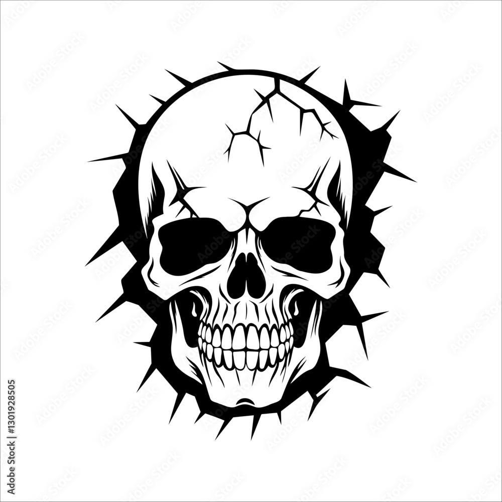 Fototapeta premium Illustration of a skull in the wall. Skeleton breaking through wall. Human skull through the hole. Halloween decor.