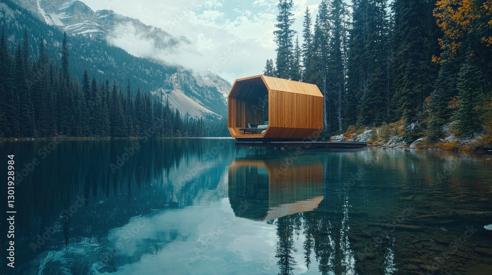 Secluded wooden cabin on calm lake reflecting mountains. Secluded wooden cabin on calm lake reflecting mountains.