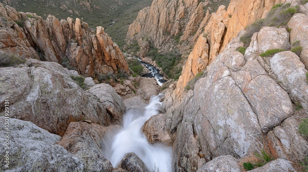 Obraz premium Canyon waterfall scenic vista, flowing water, rocks, nature