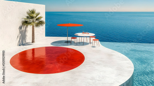 3D Illustration, Ocean View Patio with Red Accent and Palm Tree