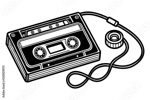 A cassette tape illustration in black and white, featuring a connected audio cable and a reel, capturing a retro or vintage aesthetic.