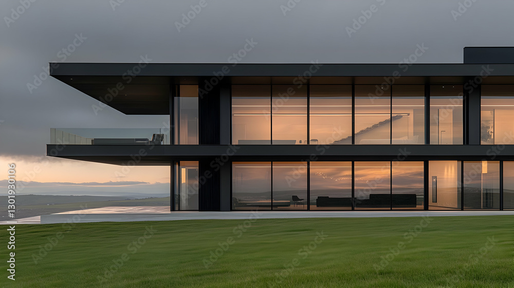 Fototapeta premium Modern Architecture Illustration, Luxury Home, Sunset View